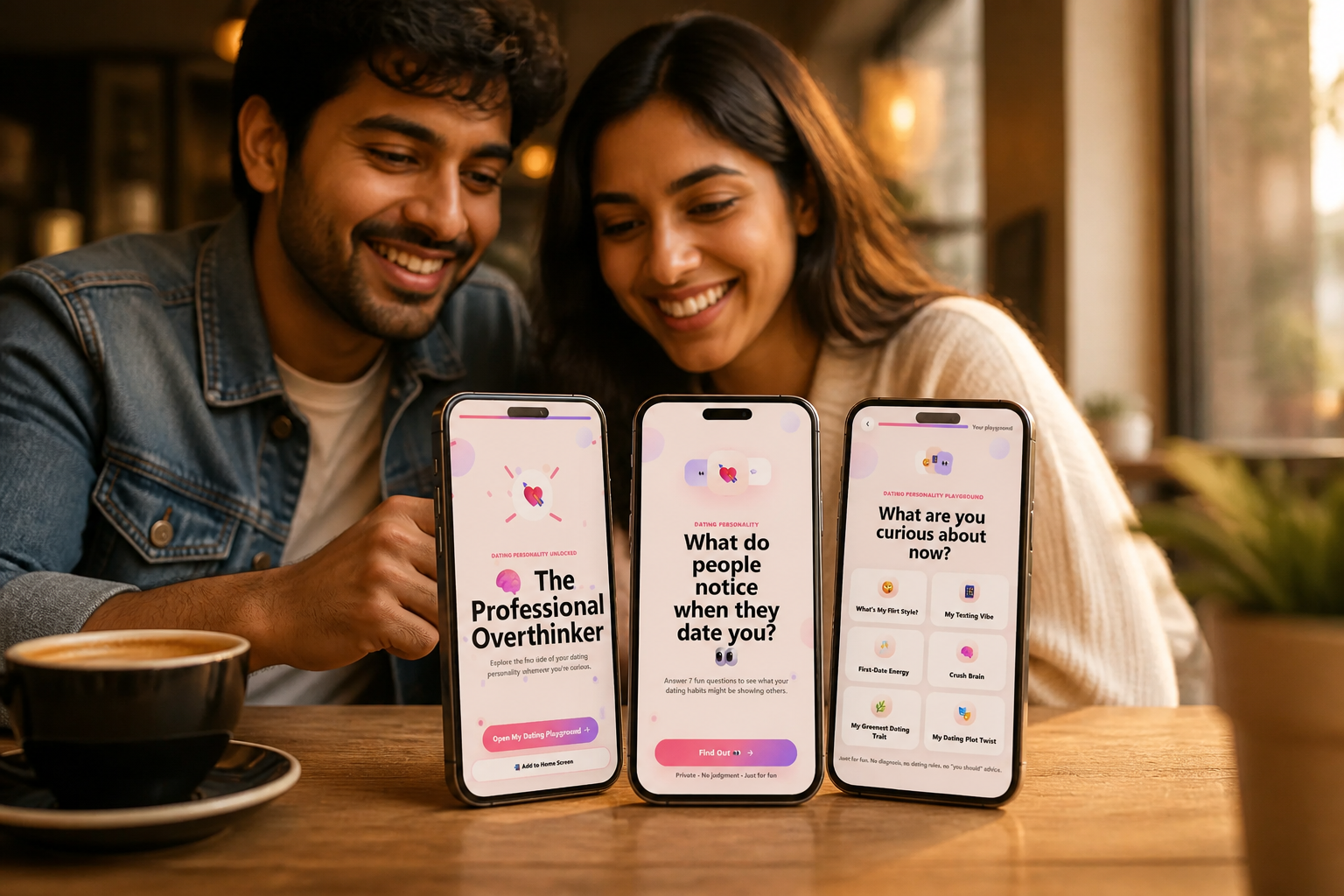 Warm lifestyle photograph of a diverse Indian couple sitting close together at a café, smiling and looking at a phone screen with Dateprint app visible, surrounded by soft golden-hour lighting