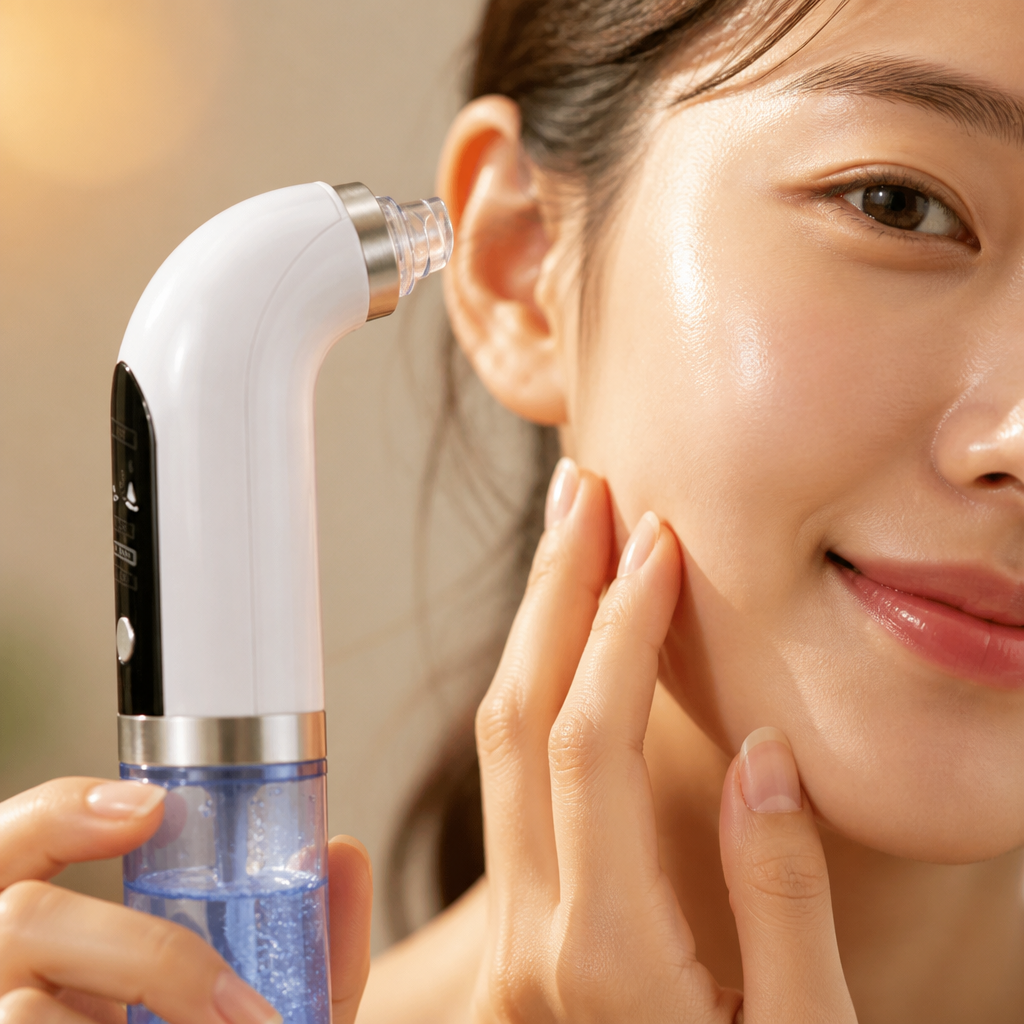 Close-up of glowing smooth cheek skin after using the blackhead vacuum device, soft golden lighting with dewy fresh natural finish