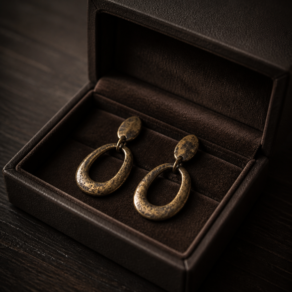 Unbranded fashion earrings visibly dulled and discolored inside a closed jewelry box, photographed with soft moody light and no logos