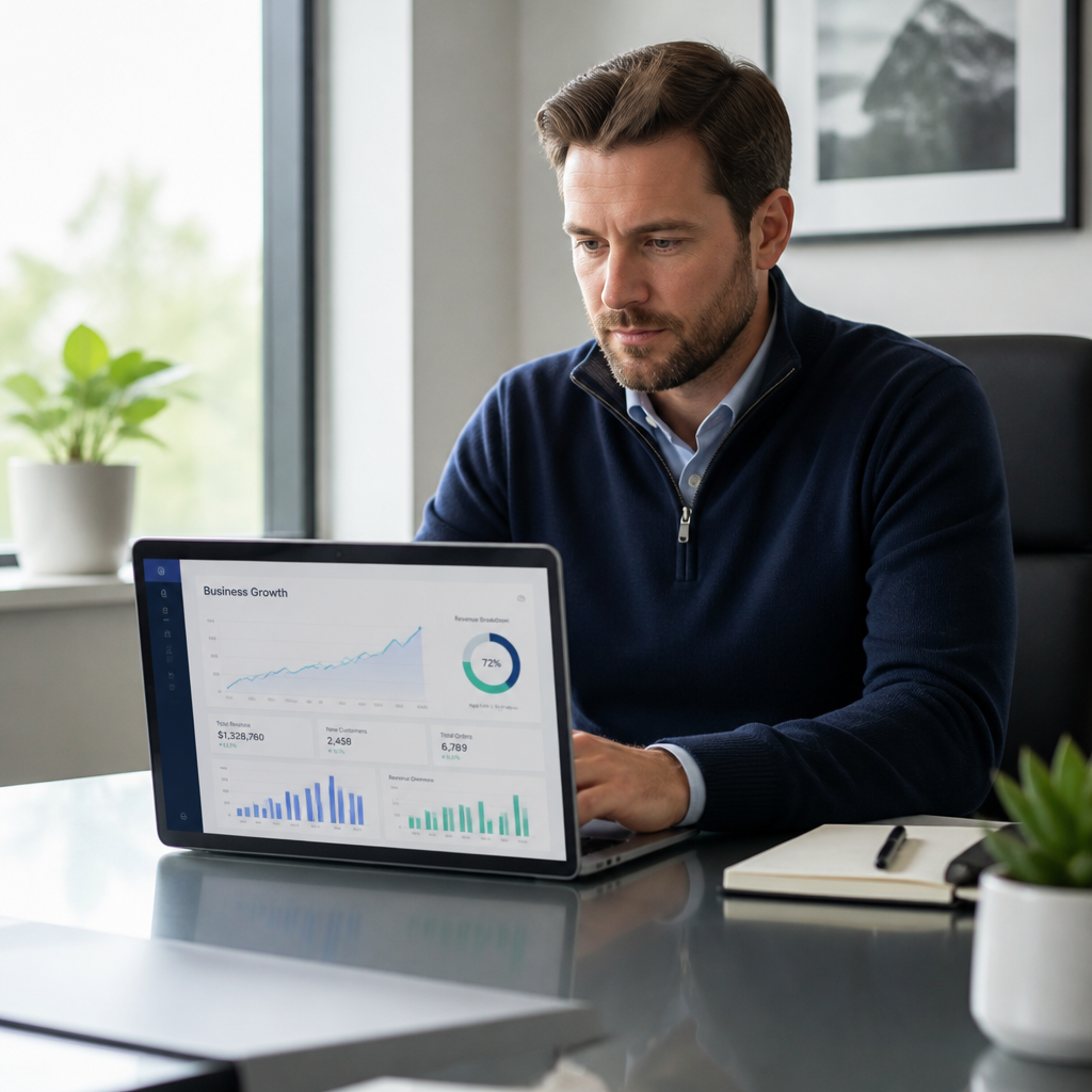 Business owner in smart casual attire reviewing business growth charts on laptop in modern office