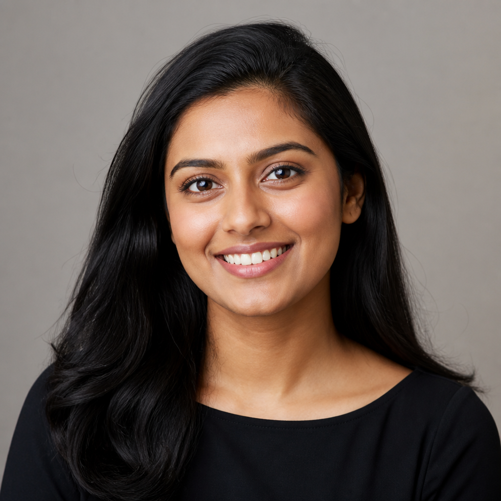 Portrait of Ananya Reddy, an Indian woman in a casual blazer, bright smile, standing in a sunlit Pune design studio with plants in the background