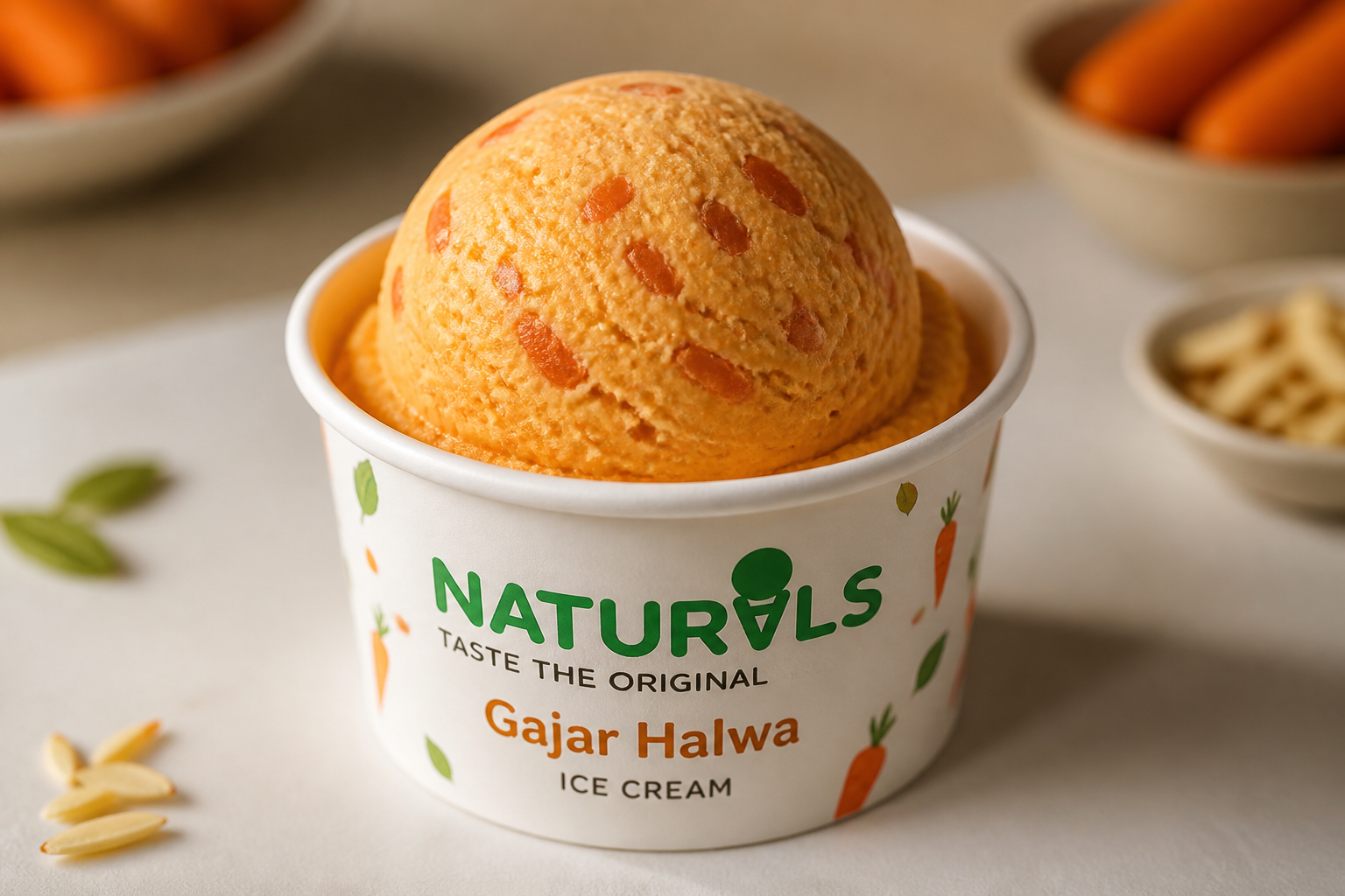 Elegant cup of Gajar Halwa ice cream with visible carrot pieces, warm orange color, traditional Indian dessert flavor