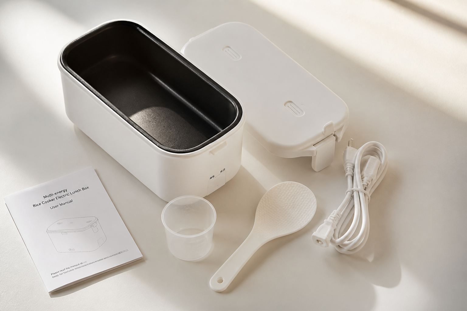 Comparison image showing the electric lunch box product with all included items laid out: the main unit, power cord, rice paddle, measuring cup, and user manual, clean white background with dramatic lighting