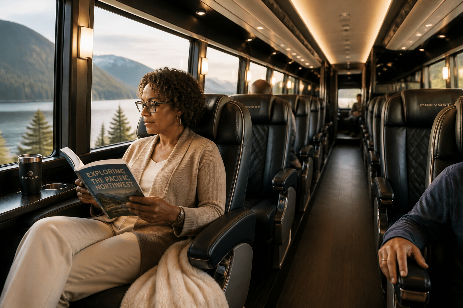 Inside a modern five-star motorcoach showing plush leather seating, panoramic windows, and elegant cabin lighting