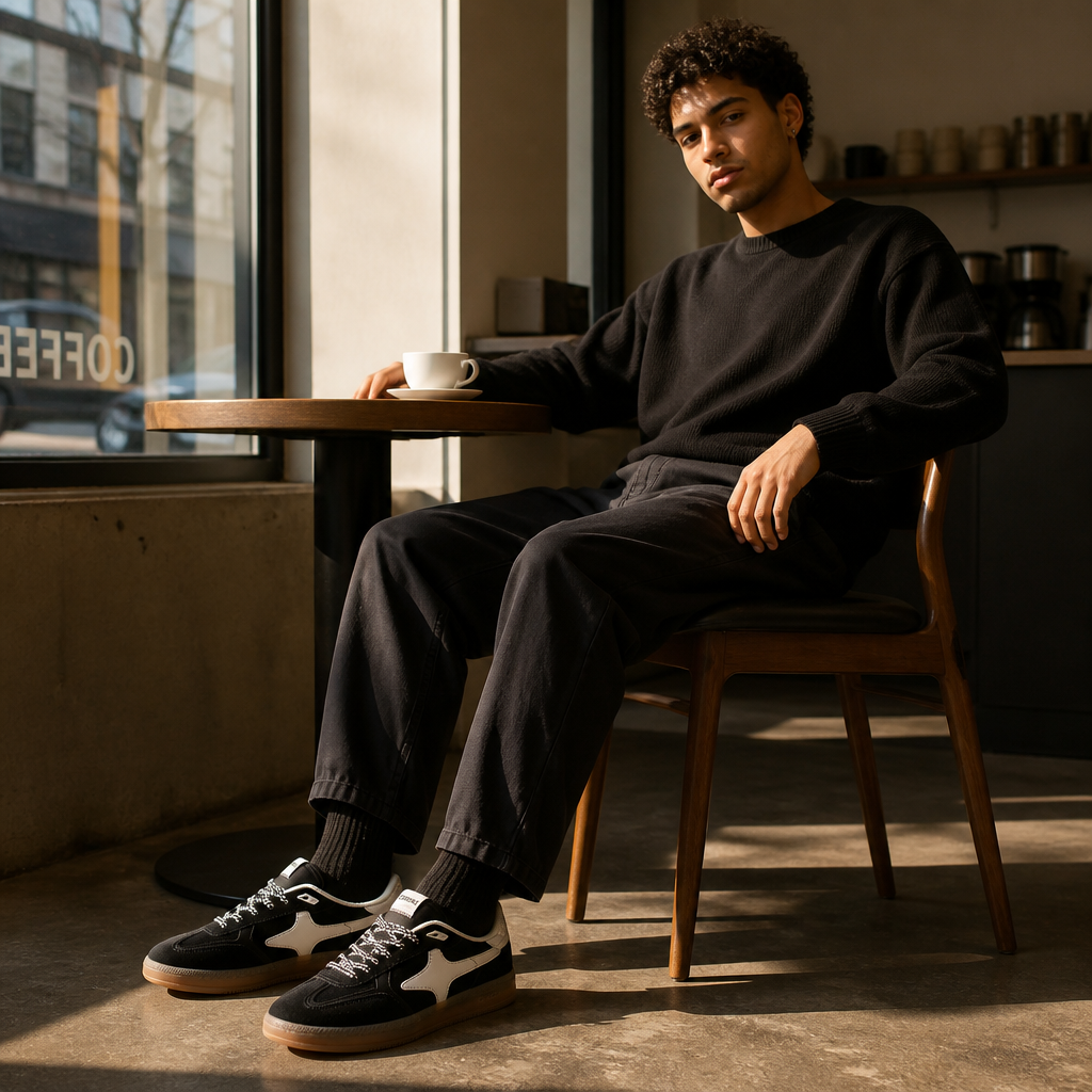 Minimalist lifestyle portrait of a person in monochrome black outfit sitting in a sunlit cafe window, wearing Aeres NOIR sneakers, calm and quietly confident mood