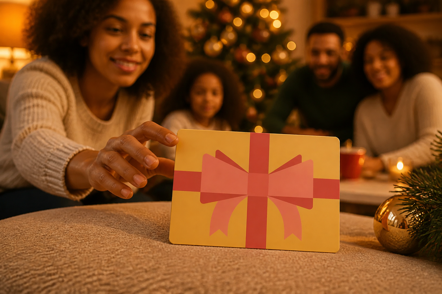 Cozy holiday gathering with family around a decorated tree, warm golden lighting, festive atmosphere