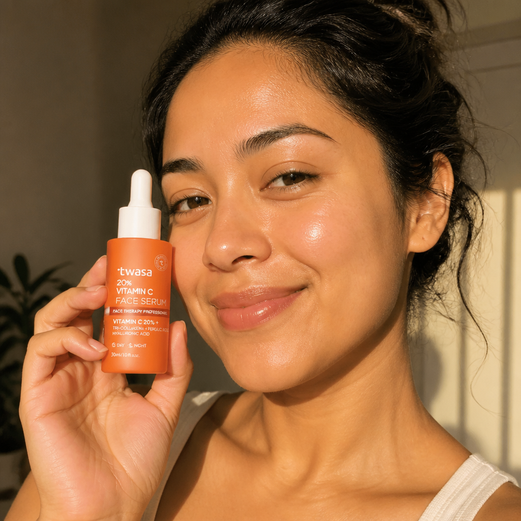 Smiling woman with glowing radiant skin holding Twasa Vitamin C serum bottle in soft natural golden-hour morning light