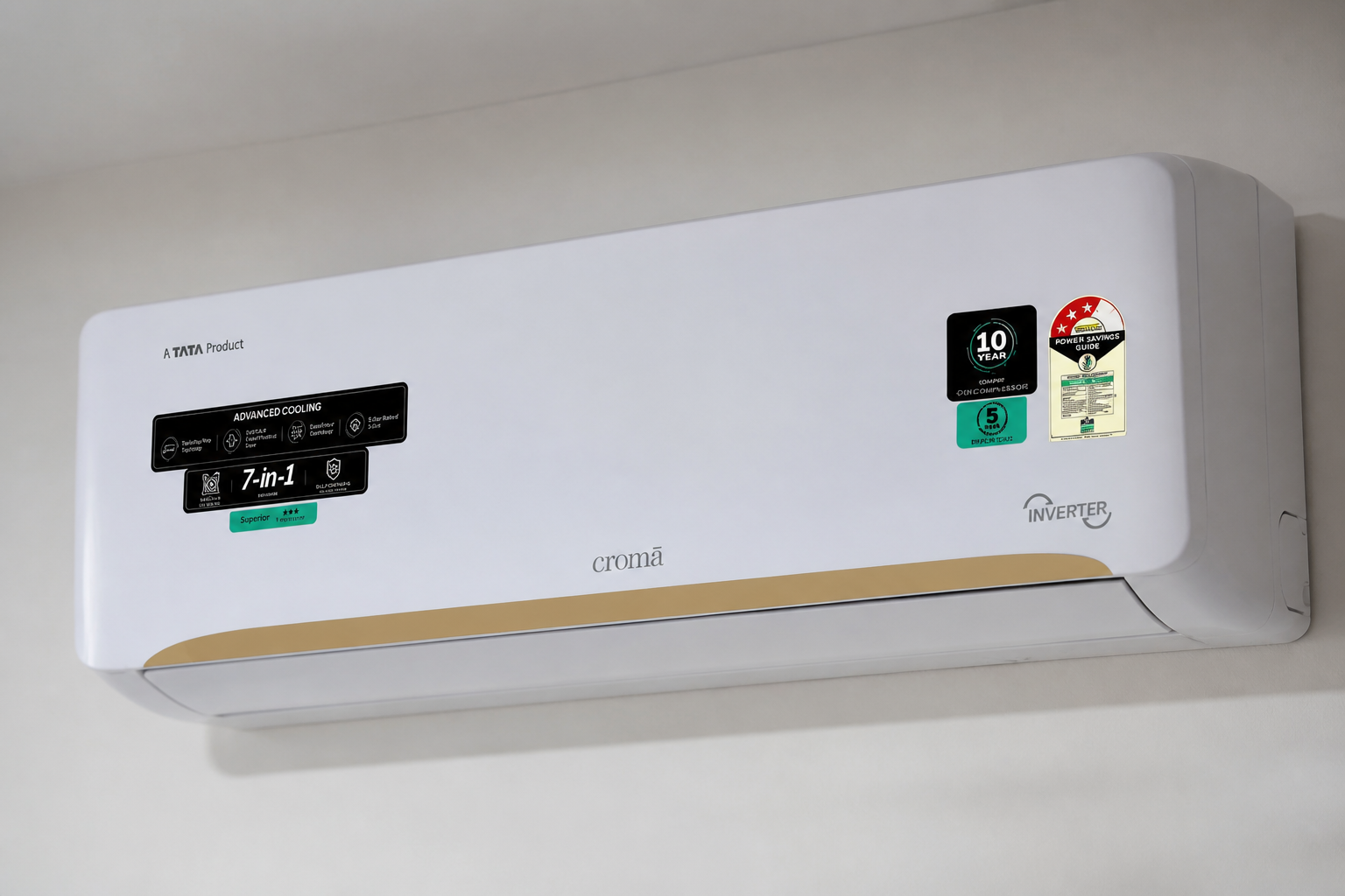Close-up of Croma AC's elegant white glossy finish showing precise engineering, smooth lines, and modern design aesthetic with soft reflections on the surface