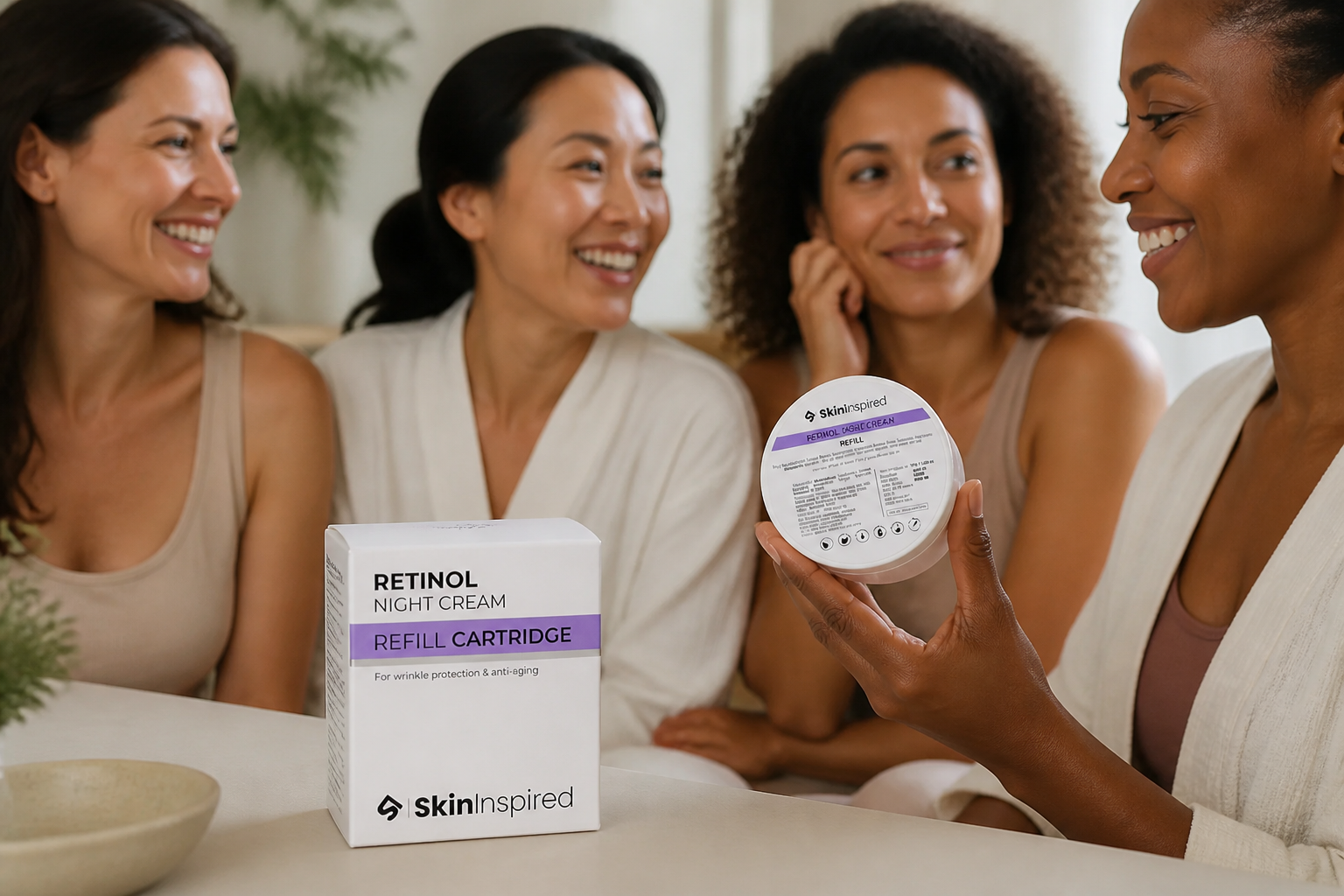 Collage of four diverse smiling women in their 30s and 40s with glowing bare skin in soft natural light