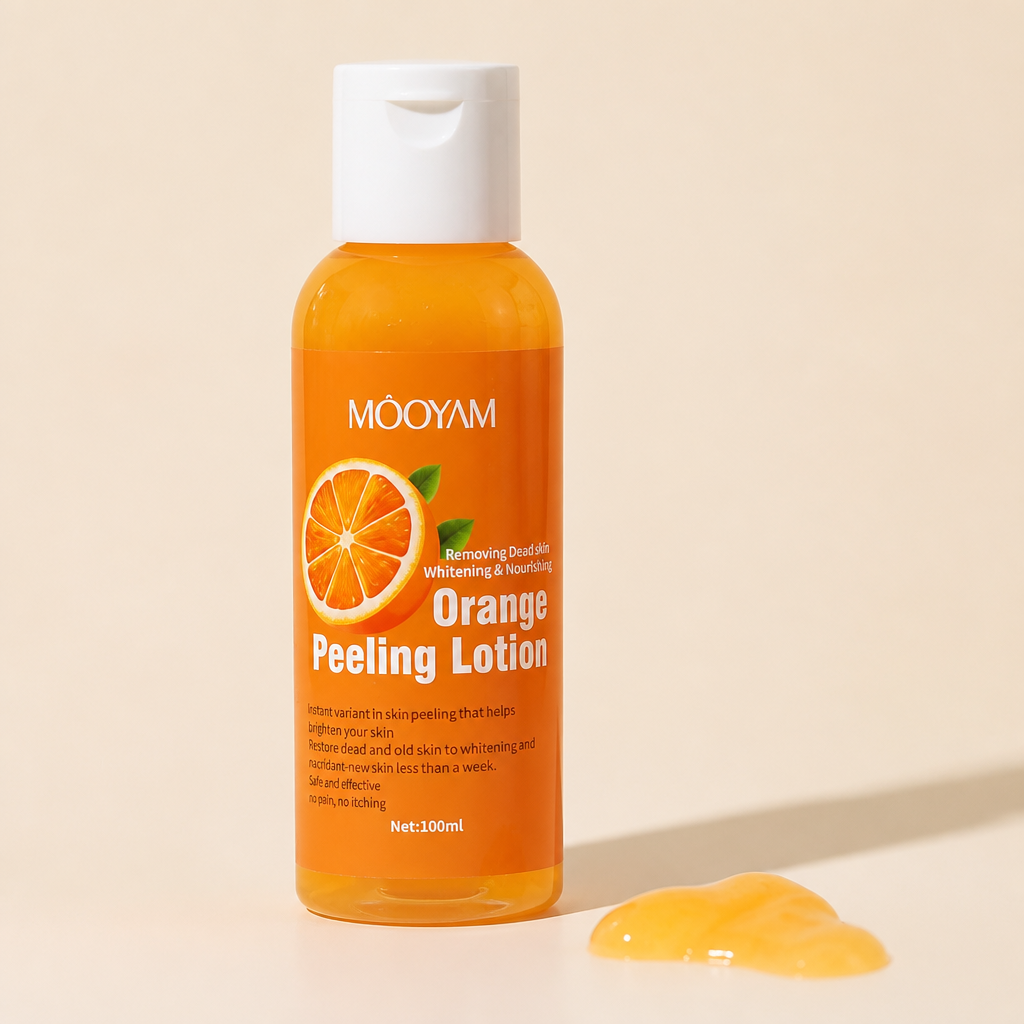 La'Maze orange peel lotion bottle placed on a soft wooden shelf beside fresh orange slices and warm natural lighting