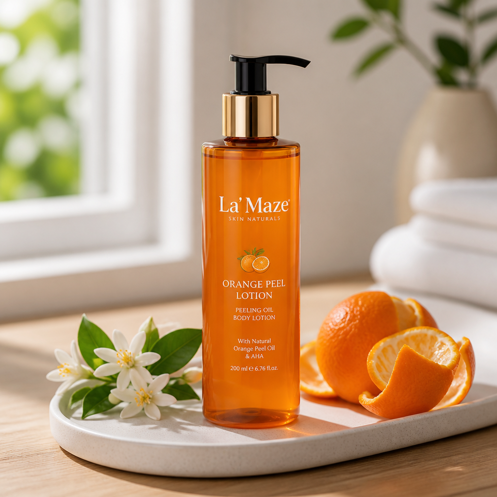 Premium product photograph of La'Maze Orange Peel Body Lotion bottle on a cream pedestal with botanical props and warm golden-hour lighting