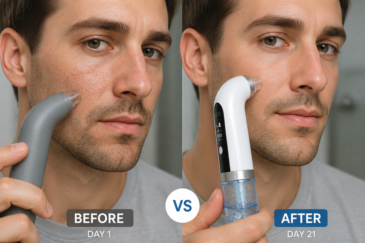 After close-up of the same man showing refined, cleaner-looking pores and less visible blackheads after 21 days of regular suction use