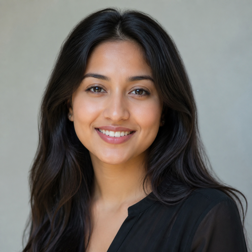 Warm portrait of a young Indian woman with long dark hair and gentle smile, lit by golden window light, soft neutral background, relaxed and confident head-and-shoulders framing