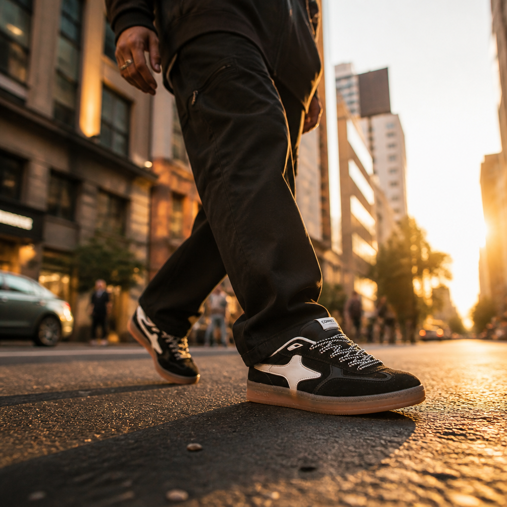 Cinematic low-angle shot of a confident person walking city streets wearing Aeres NOIR black-and-white court sneakers with golden-hour rim lighting