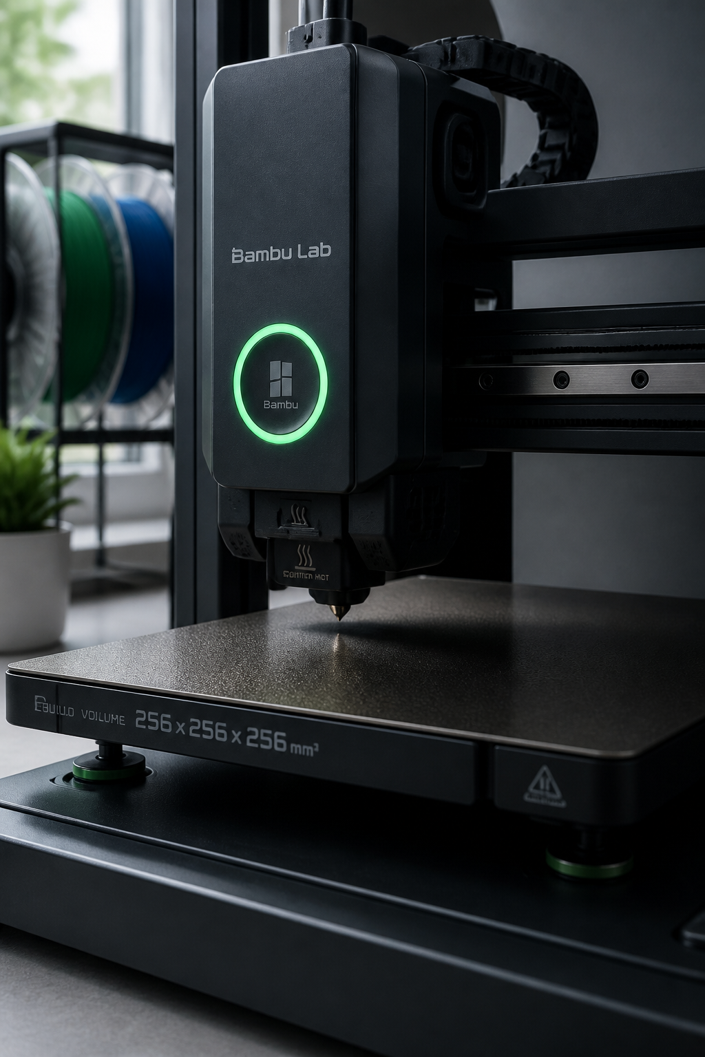 Close-up of the Bambu Printer nozzle descending toward the build plate during its 90-second auto-level sequence, a soft green status ring glowing on the front panel