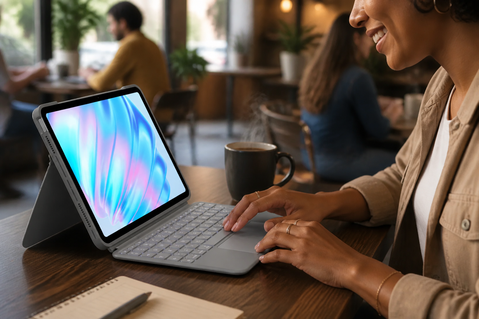 Happy customer working at a modern cafe with iPad Air and Combo Touch keyboard glowing softly, showing real-world lifestyle usage