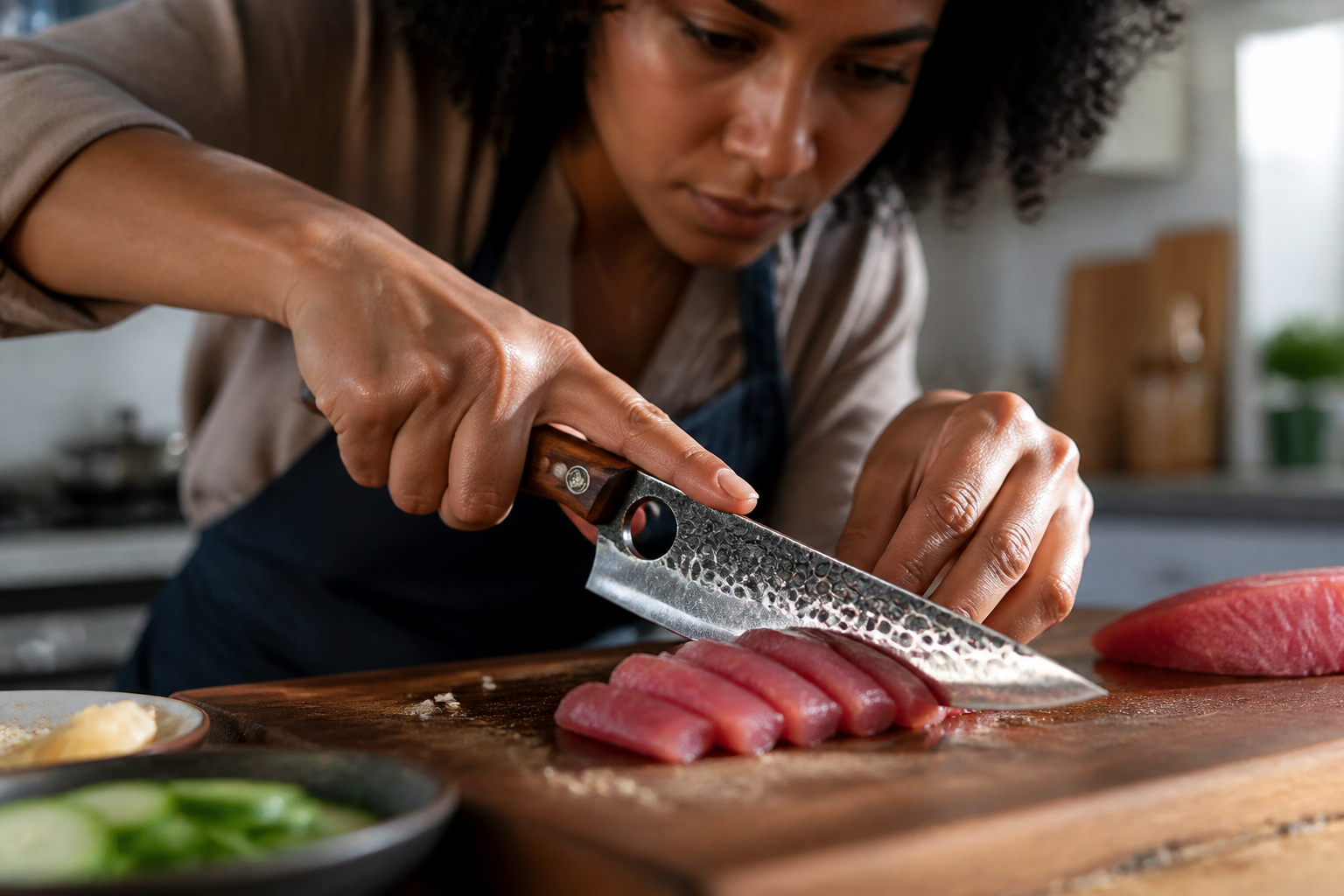 Sharp gleaming professional knife effortlessly slicing with clean precise motion