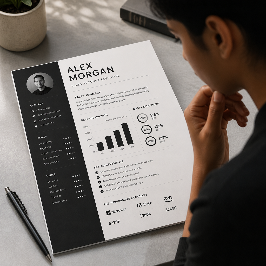Inner page of a sales resume template featuring revenue charts, quota attainment percentages and achievement highlights in a bold modern