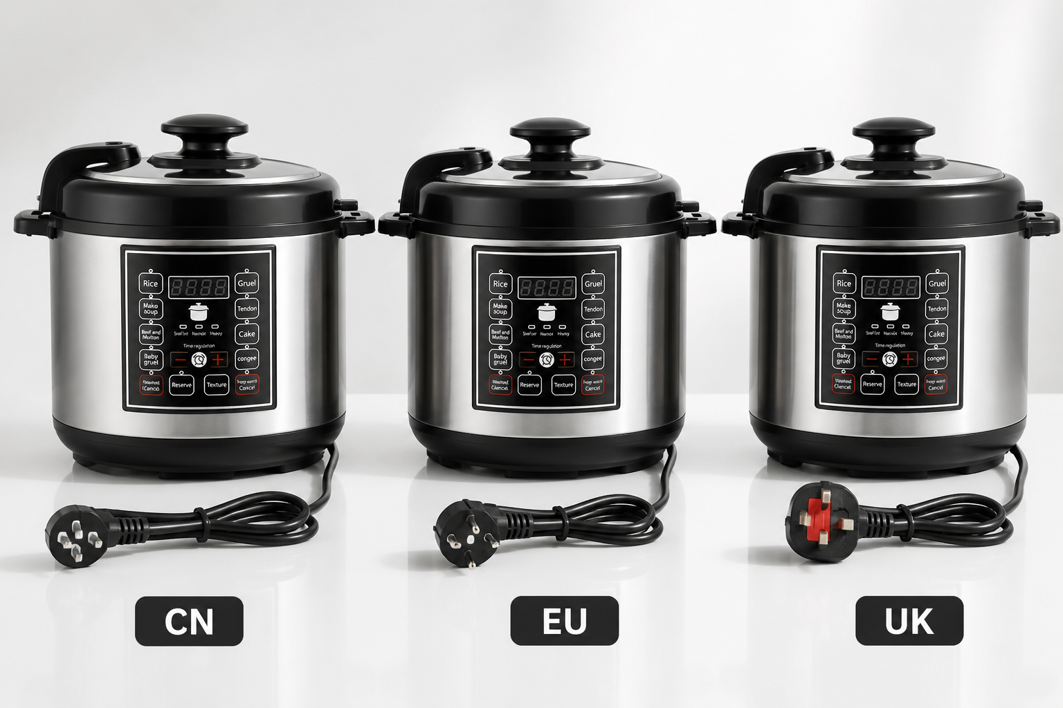 Three pressure cooker units arranged side by side showing CN, EU, and UK plug types with labels, photographed on a clean white surface