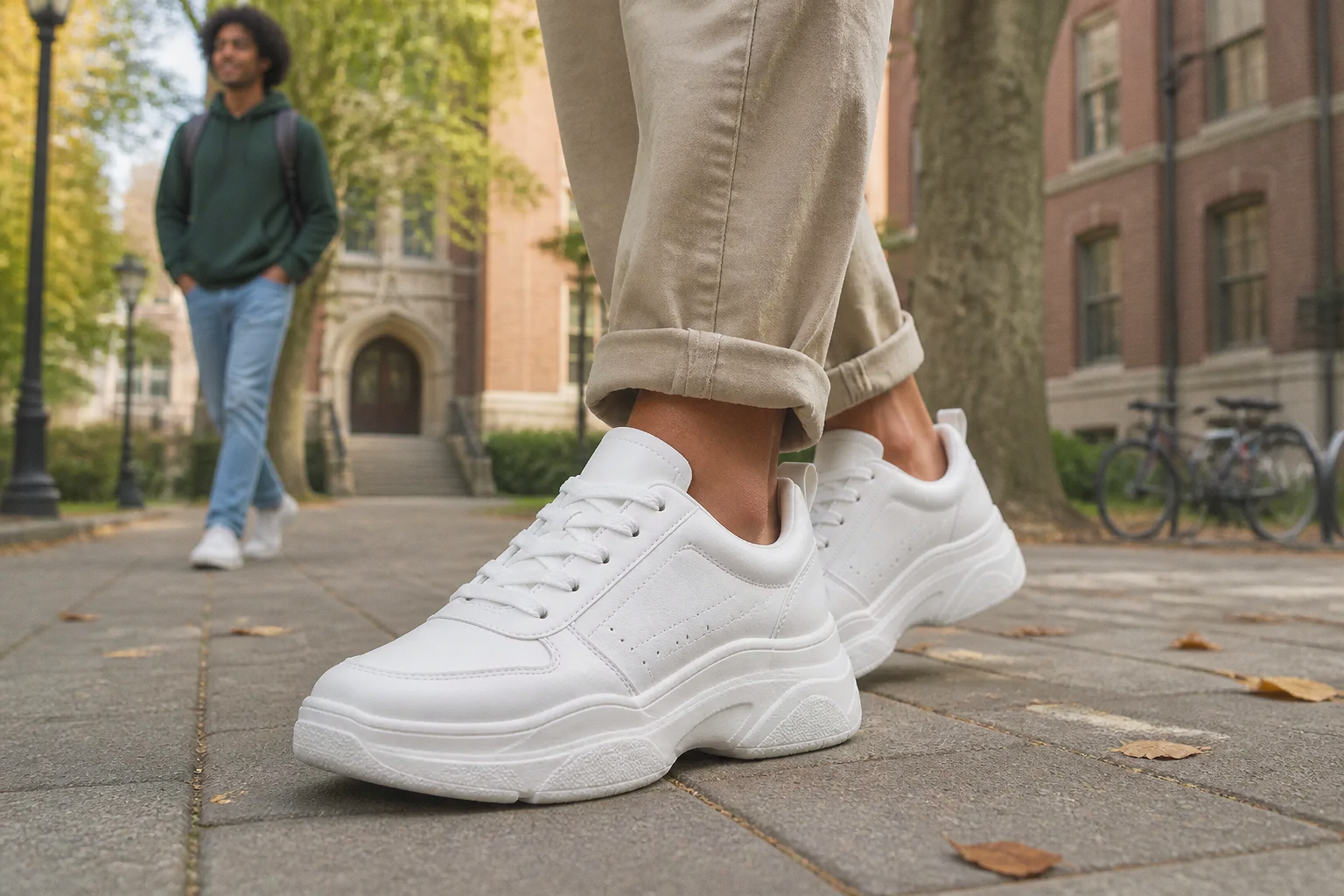 Lifestyle photo of Arjun wearing Nike Sneakers 3 on a college campus