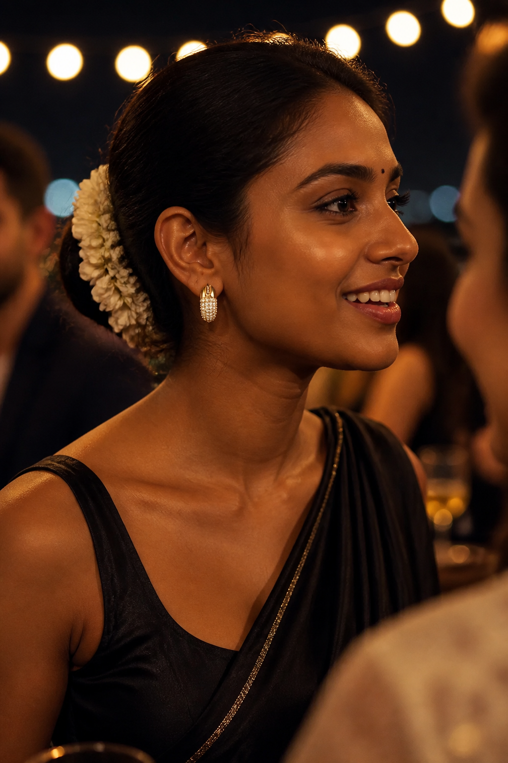 Indian woman in a black silk saree at an evening rooftop party, Dextera Small hoops catching warm string lights, glamorous night-out mood