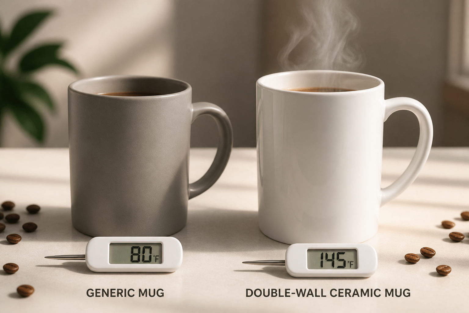 Side-by-side comparison: a normal thin ceramic mug on the left with a thermometer showing 80 degrees after 20 minutes, versus the Radiator Mug on the right with steam still rising and showing 145 degrees after the same time