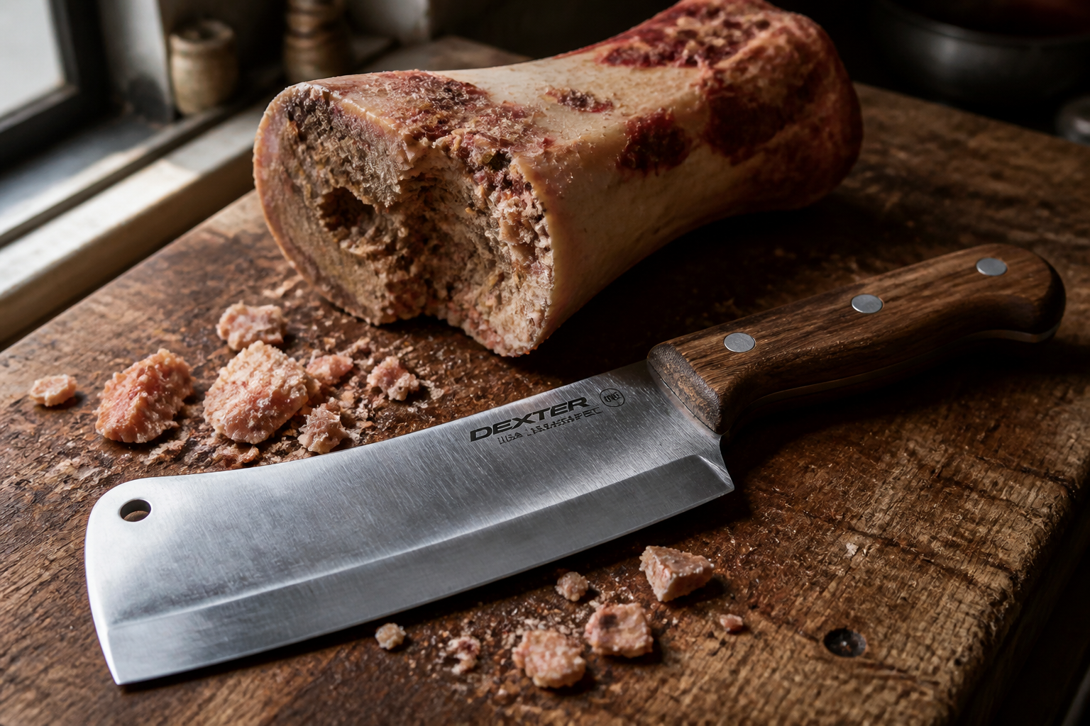 Tough bone with hammer marks and crushed edges showing struggle and damage
