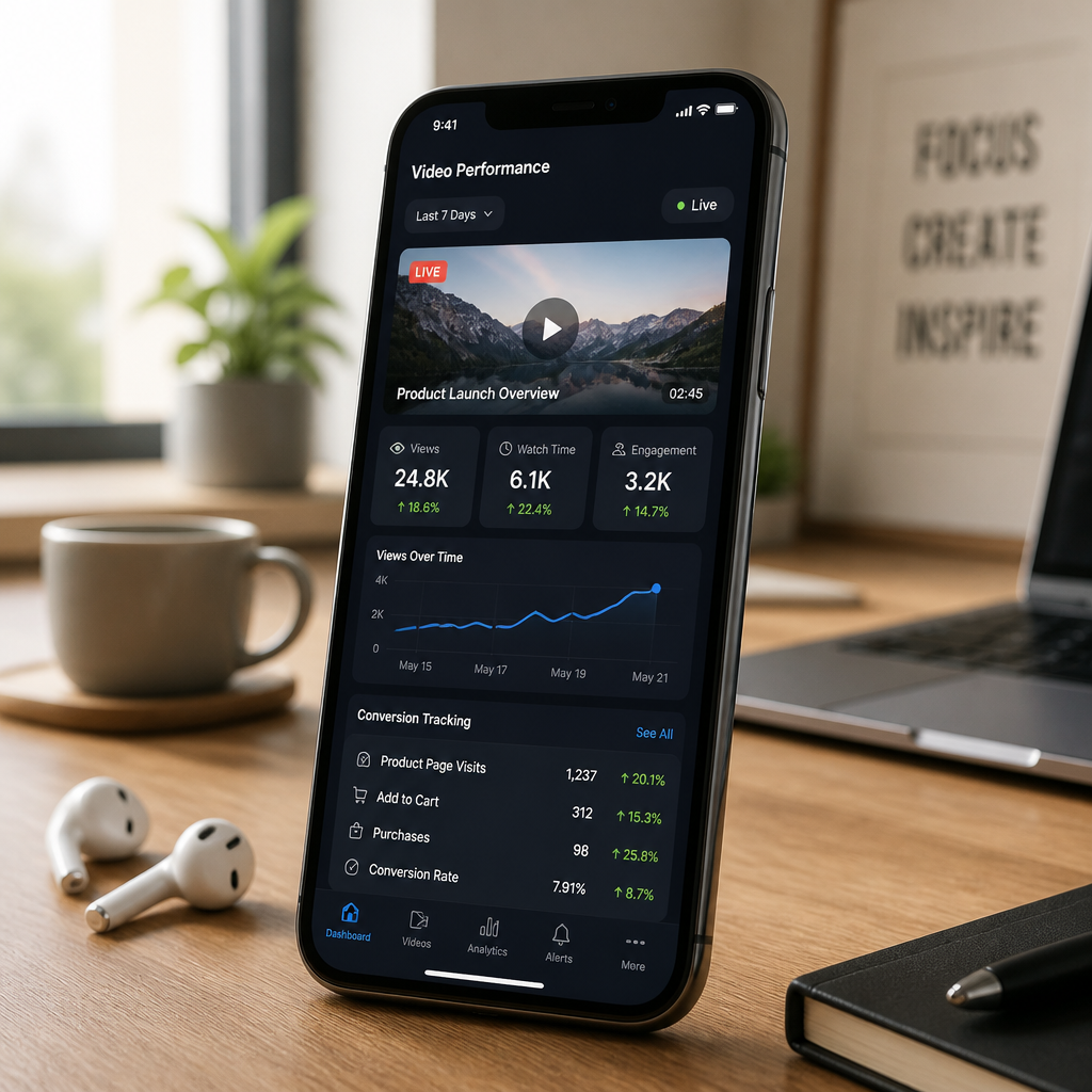 Mobile dashboard showing real-time video performance metrics and conversion tracking indicators