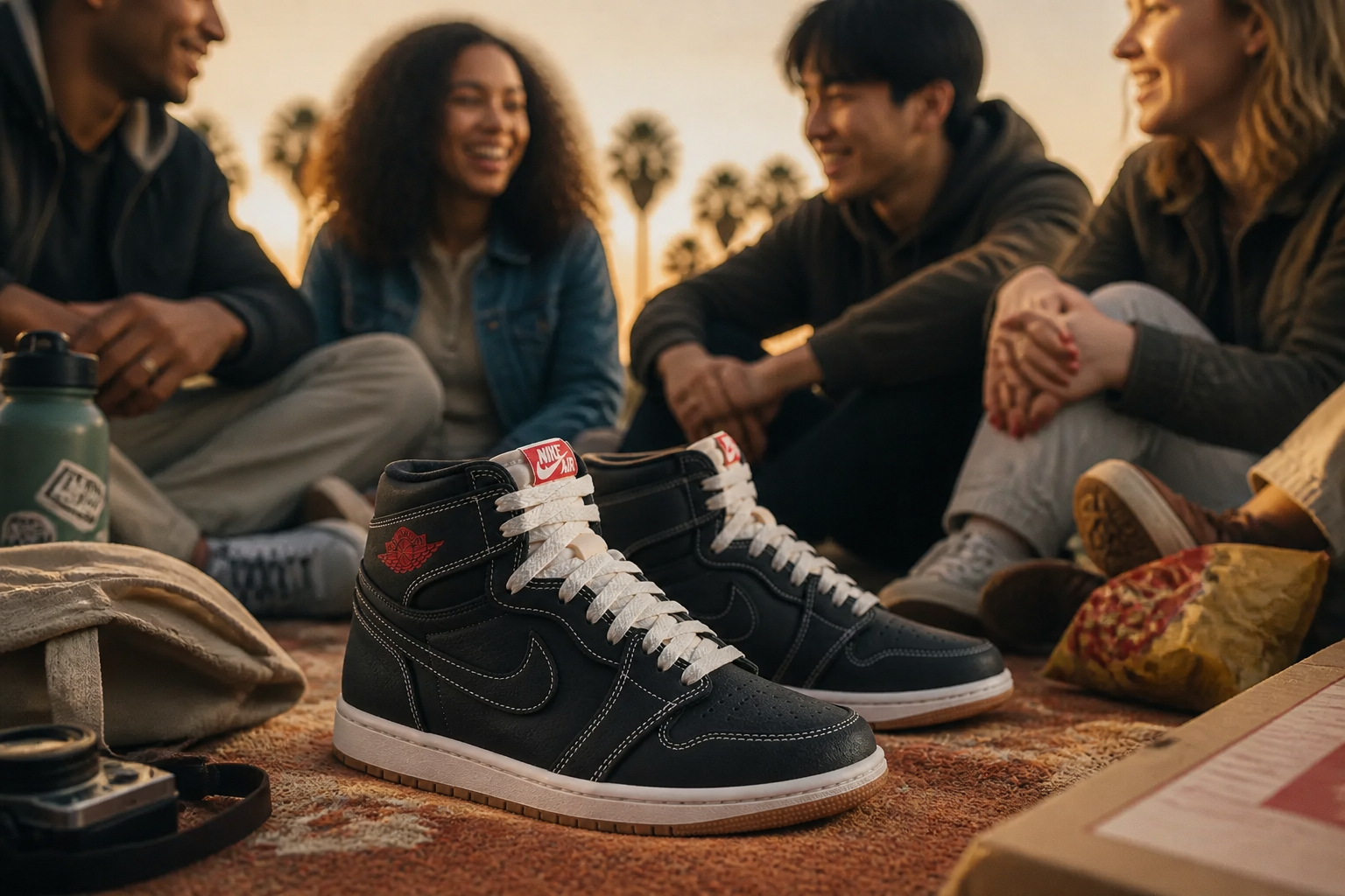 Wide lifestyle image of friends sharing Test gateway type product with smiles at a casual gathering with warm golden hour natural light