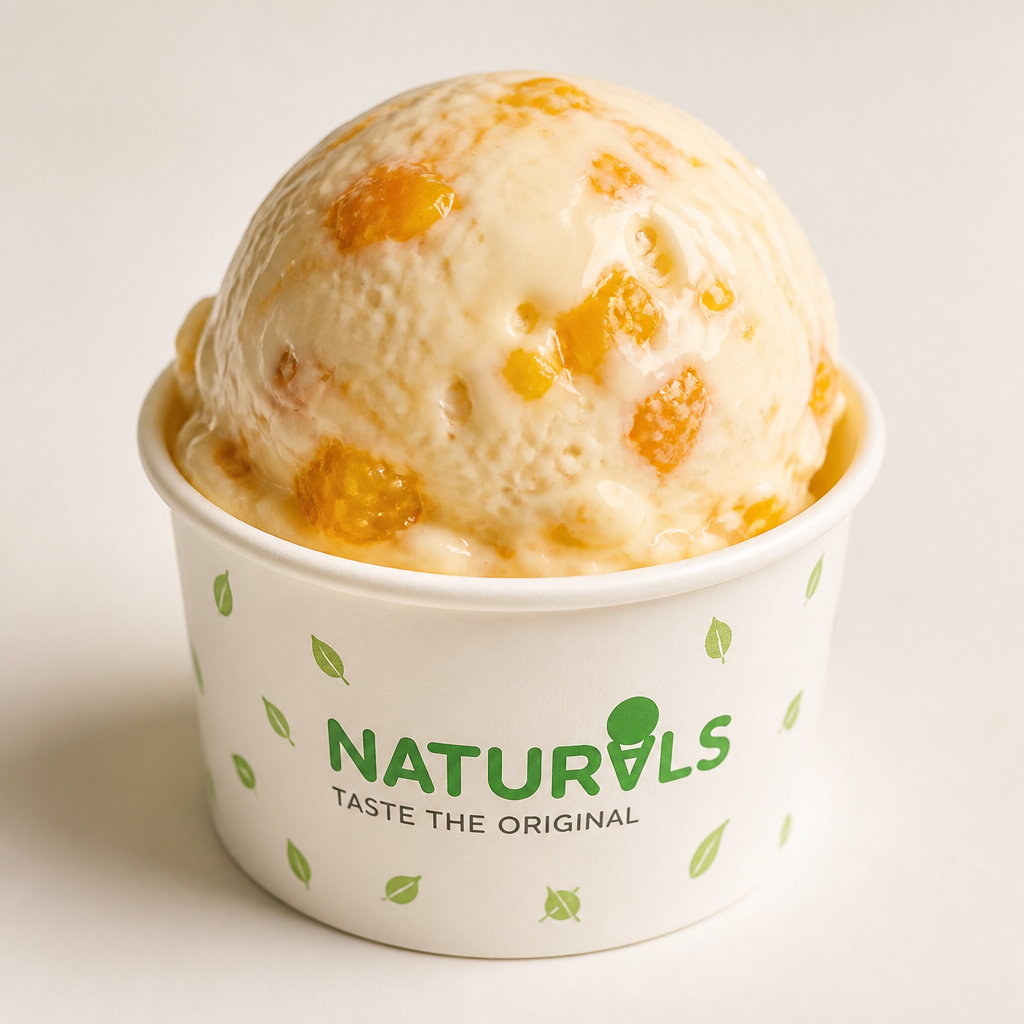 Beautiful Naturals scoop with real fruit chunks, warm lighting, visible fruit pieces, creamy texture that looks irresistible