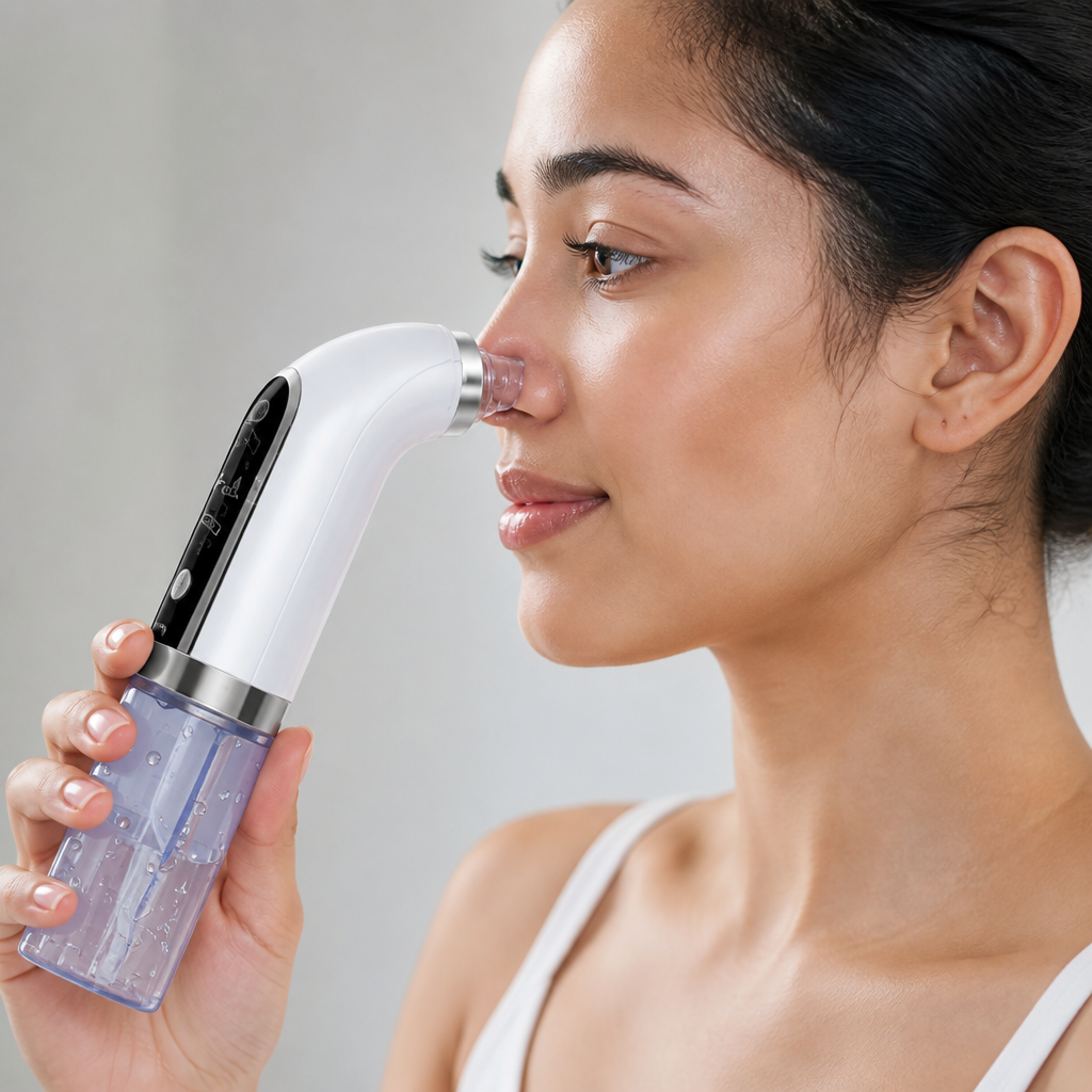 Premium blackhead removal vacuum device with sleek design showing model's clear radiant skin against warm spa backdrop