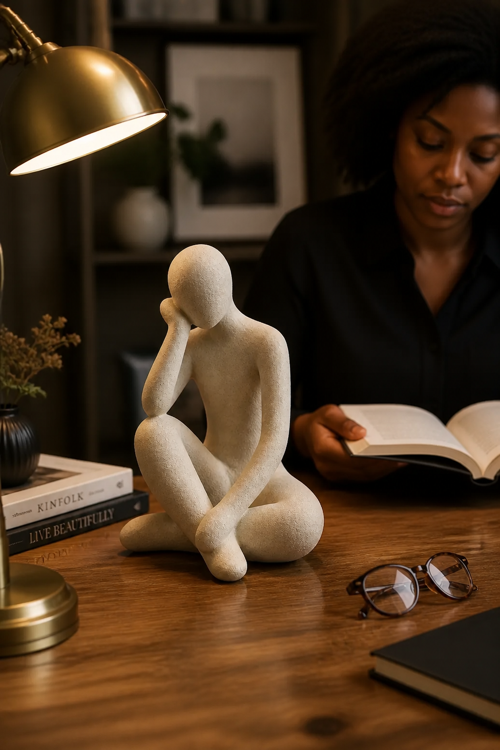Lifestyle shot of the Abstract Thought Thinker Accent Resin placed on a wooden study desk next to books and a brass lamp in a sophisticated home office