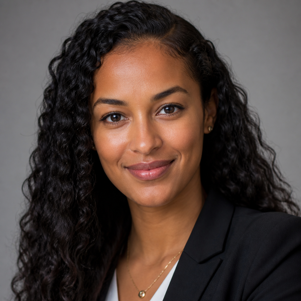 Young woman with mixed heritage and rich brown skin, natural curls, wearing a cozy knit sweater, warm lamp-lit indoor portrait, soft shallow depth of field