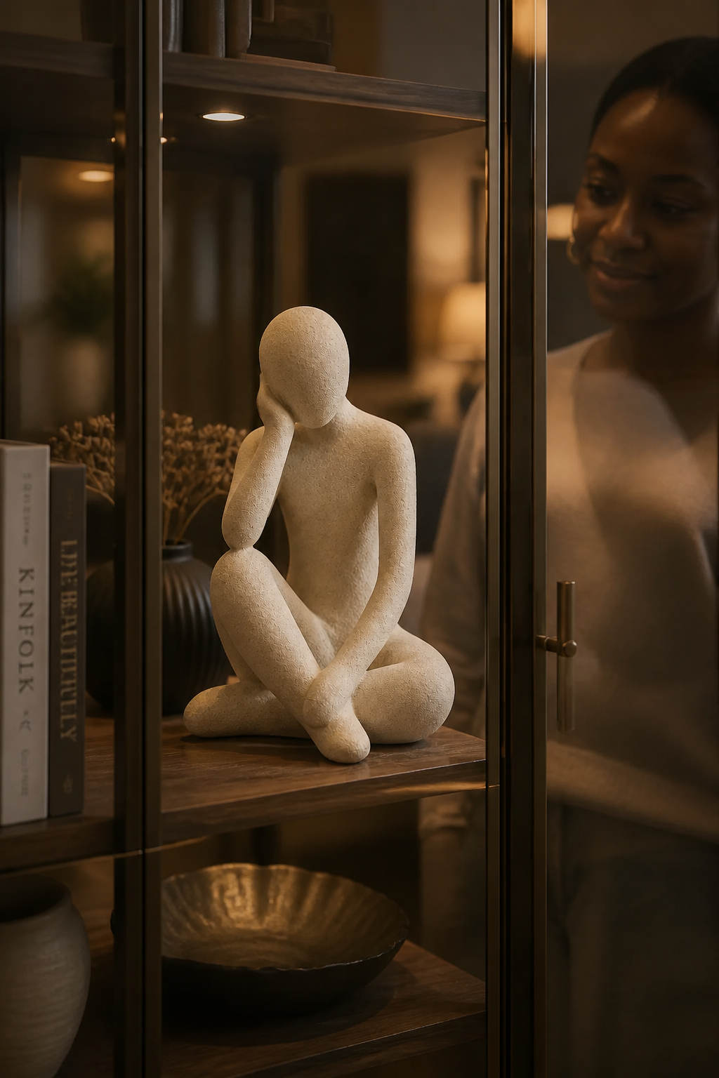 Lifestyle shot of the Abstract Thought Thinker Accent Resin featured inside an elegant glass-front show cabinet with curated objects in a luxury living room