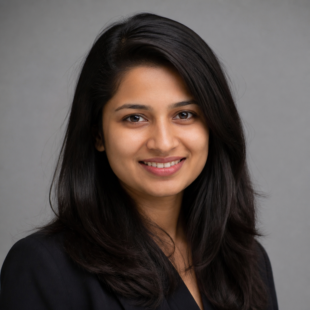 Portrait of Kavya Nair, an Indian woman with shoulder-length hair, professional attire, smiling in a Chennai office with neutral corporate background