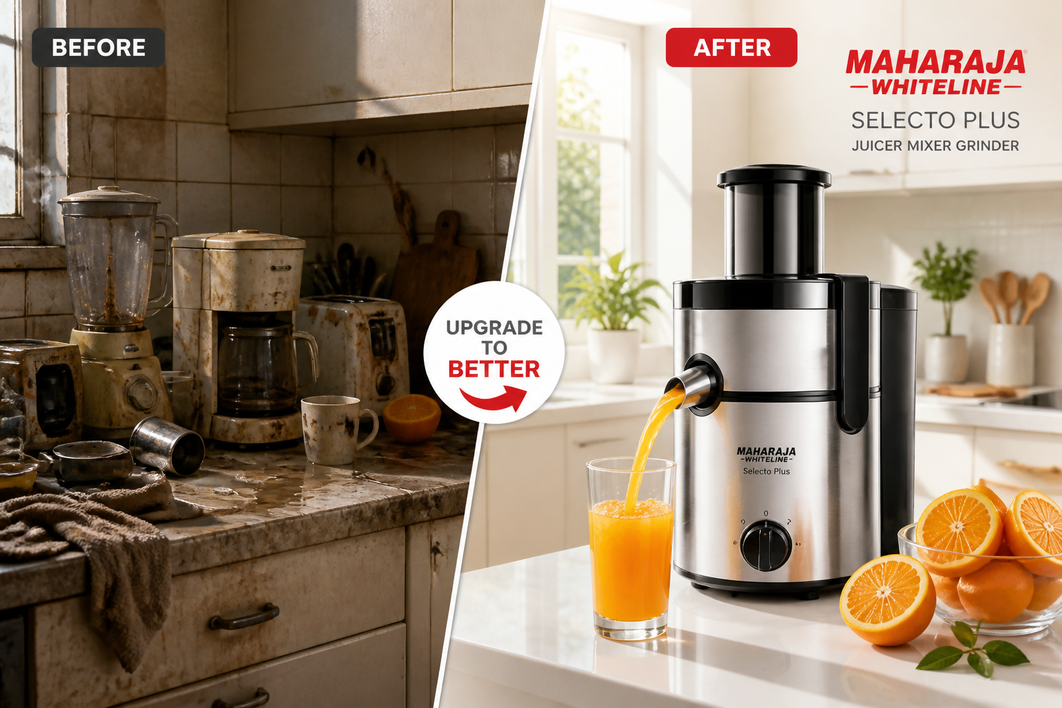 Wide cinematic before-and-after split showing a messy cluttered kitchen counter on the left with old leaking appliances and a bright clean counter on the right with the Maharaja Whiteline Selecto Plus pouring fresh orange juice into a tall glass
