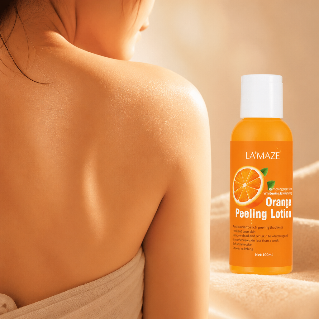 Close-up of a soft glowing back with warm peachy light highlighting smooth healthy skin texture