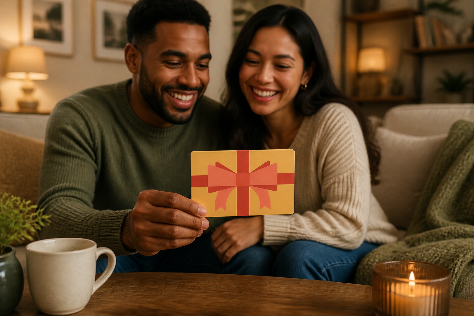 A happy couple using their new products together with joyful expressions, sitting in a cozy living room with soft lighting