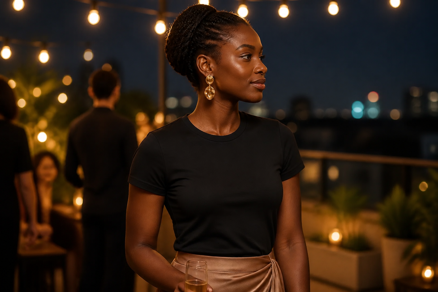 Stylish African woman wearing a black Ladies T-Shirt with a flowy satin midi skirt and gold statement earrings at a rooftop evening cocktail party with warm string lights