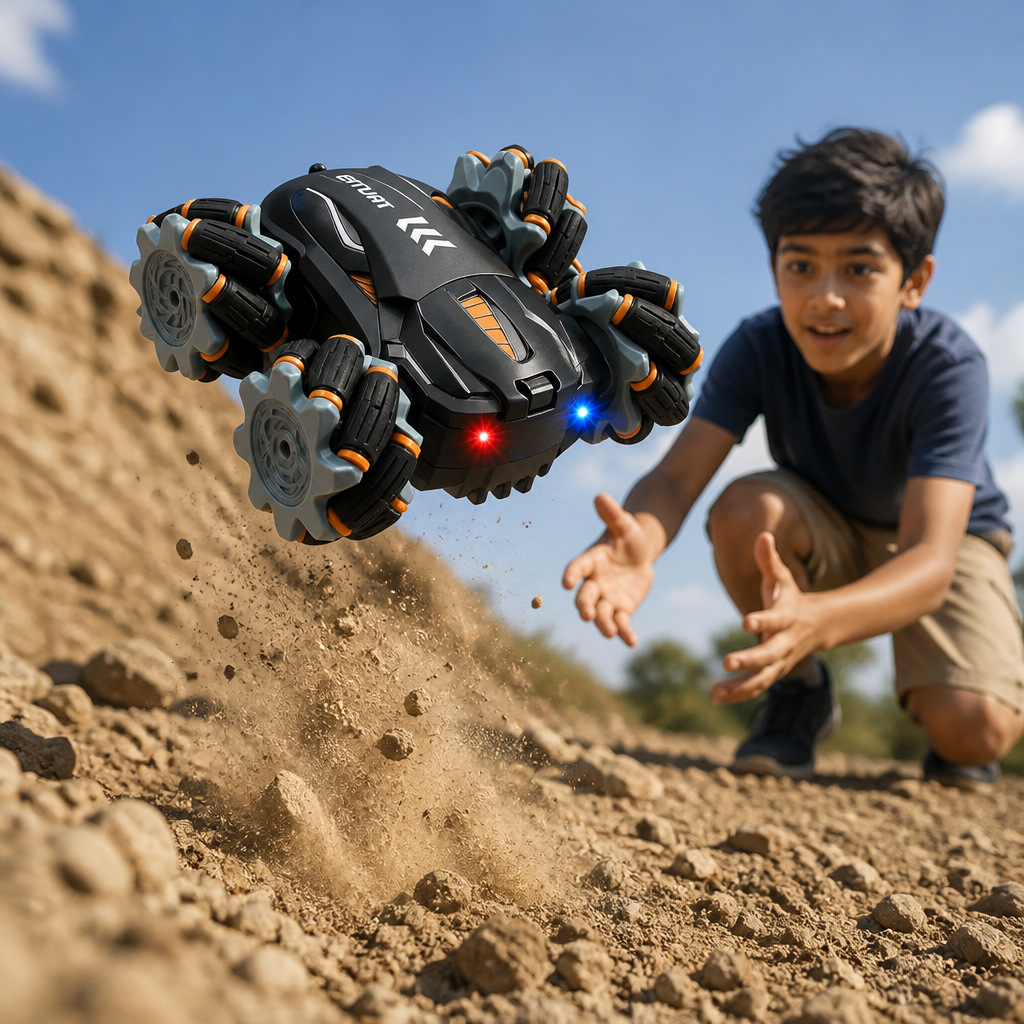 GRAPHENE 4X4 stunt car performing a 360 degree tumble mid-air over rough outdoor terrain with motion blur and dust trails