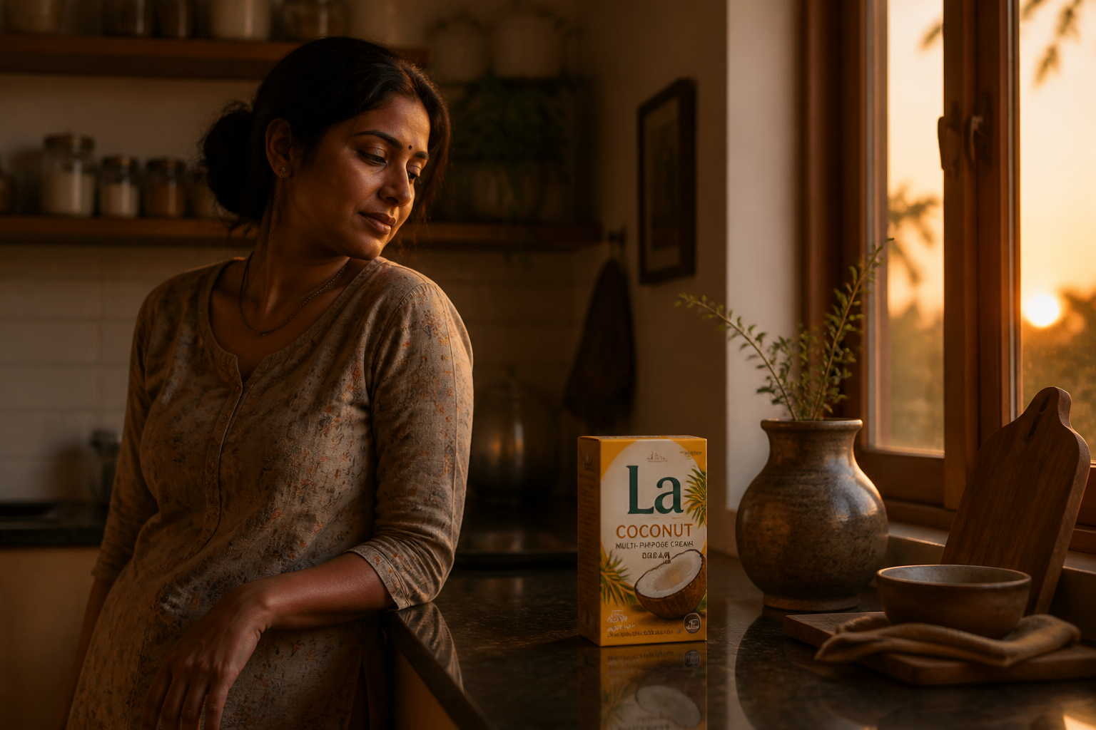 A warm cinematic shot of a tired Indian mother leaning against her kitchen counter at dusk, soft amber light pouring through a window over a La'Maze pressure cooker quietly humming
