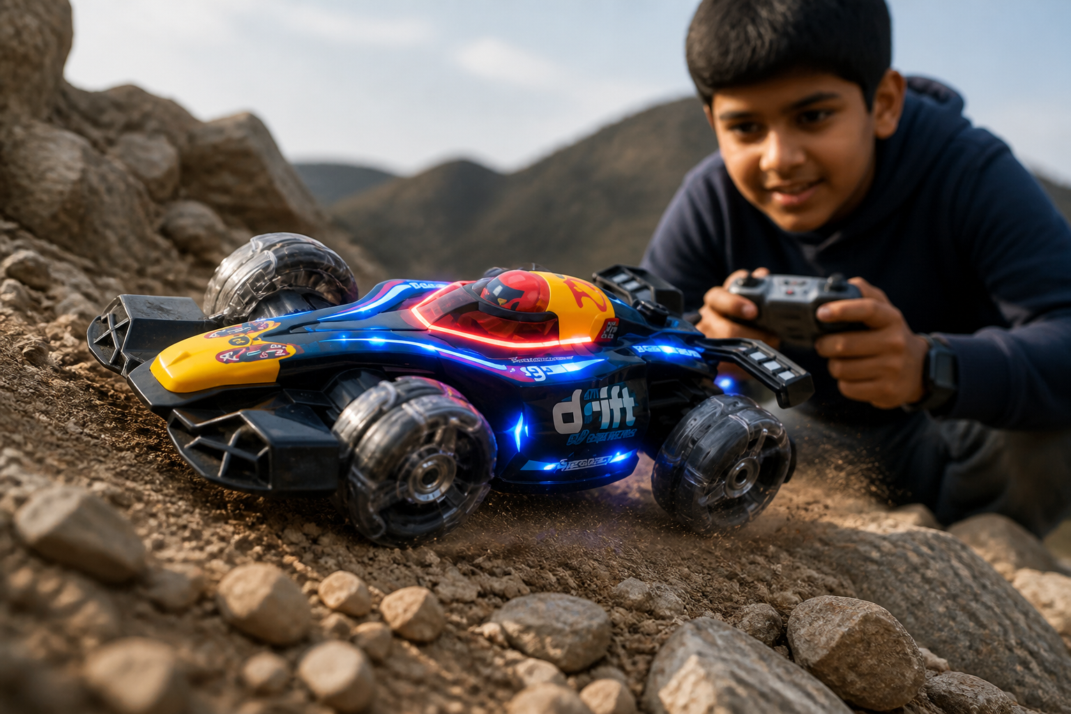 GRAPHENE RC Rock Crawler variant &mdash; rugged off-road truck with high ground clearance and grippy all-terrain tires climbing over rocks