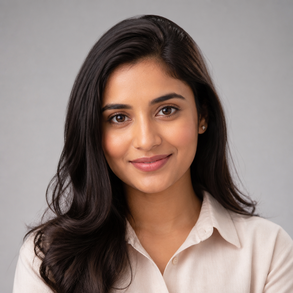 Round profile avatar of a smiling young South Asian woman with long dark hair, warm natural lighting, soft bokeh background, friendly approachable expression