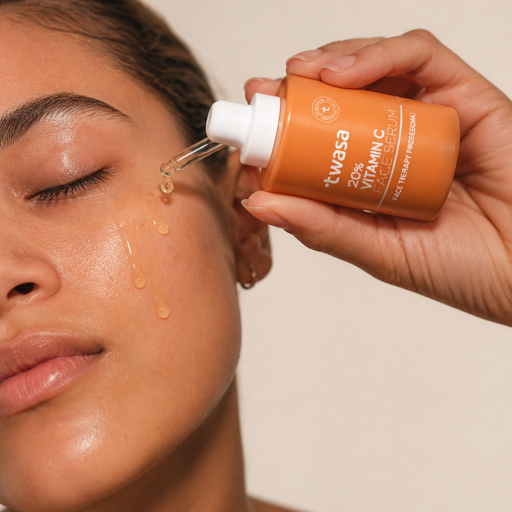 Step-by-step lifestyle image showing a hand gently applying golden serum drops onto clean fresh skin with soft, natural lighting