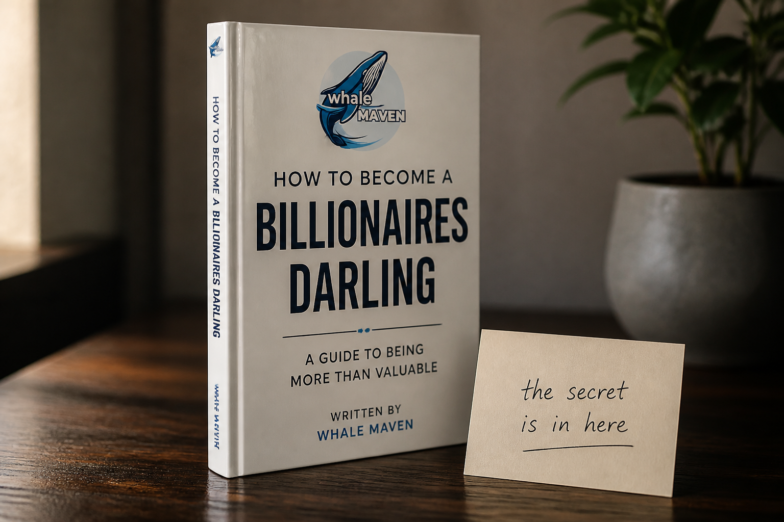 The book How to Become a Billionaires Darling standing upright beside a small handwritten cream note card that reads the secret is in here on a dark wooden surface