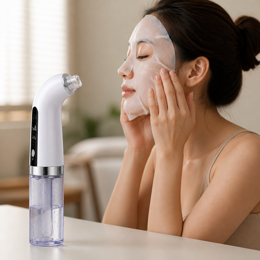차가운 sheet mask로 피부를 진정시키는 마지막 단계, 피부 케어 이미지