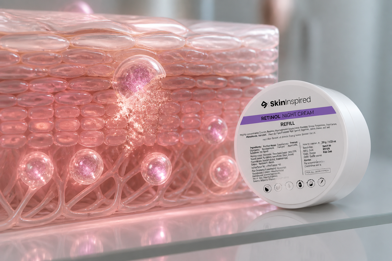 Scientific visualization showing glowing pink retinol micro-capsules slowly releasing active ingredient into cross-section of skin layers with subtle particles