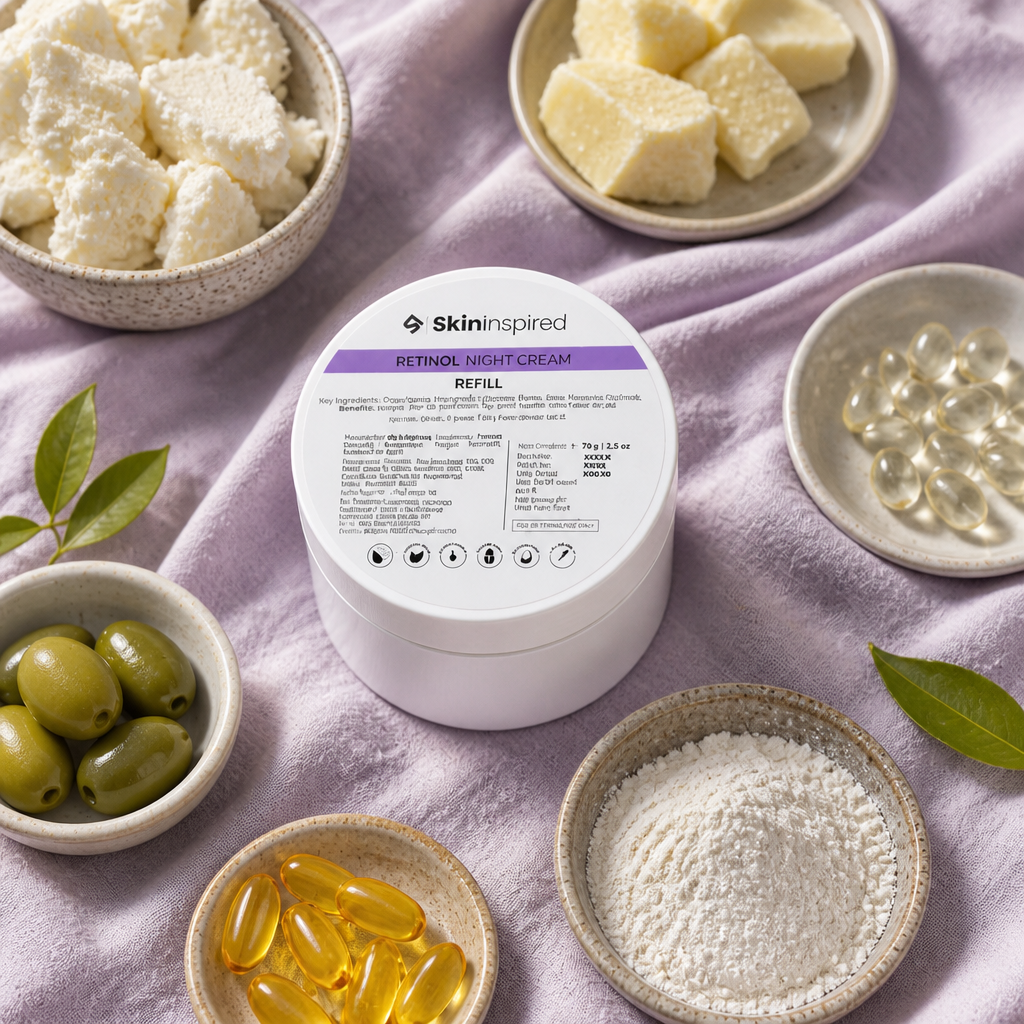 Beautiful flat-lay ingredient still life featuring shea butter, cocoa butter, olive oil, encapsulated retinol capsules, niacinamide, coenzyme Q10 on a soft pastel linen background