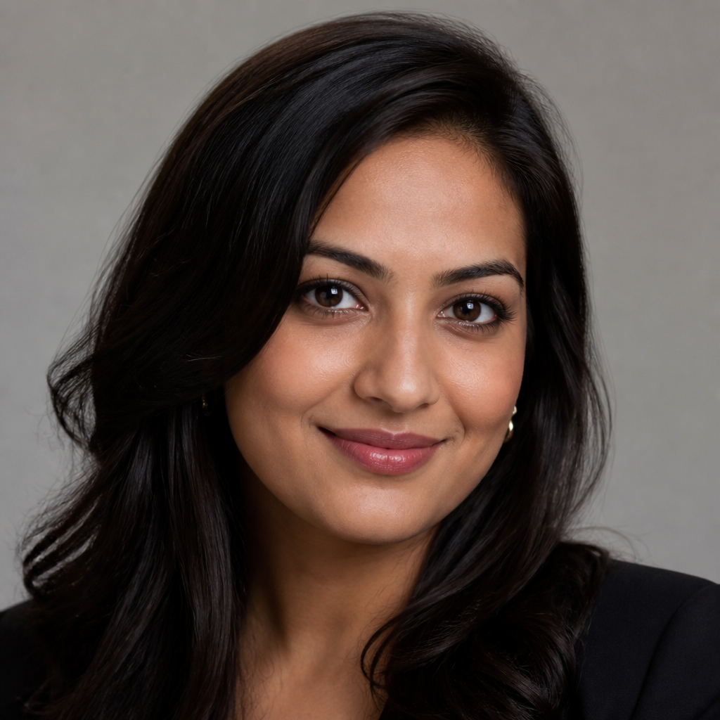 Warm portrait of a smiling Indian woman with glowing radiant skin, soft golden lighting, natural makeup, and a friendly approachable expression