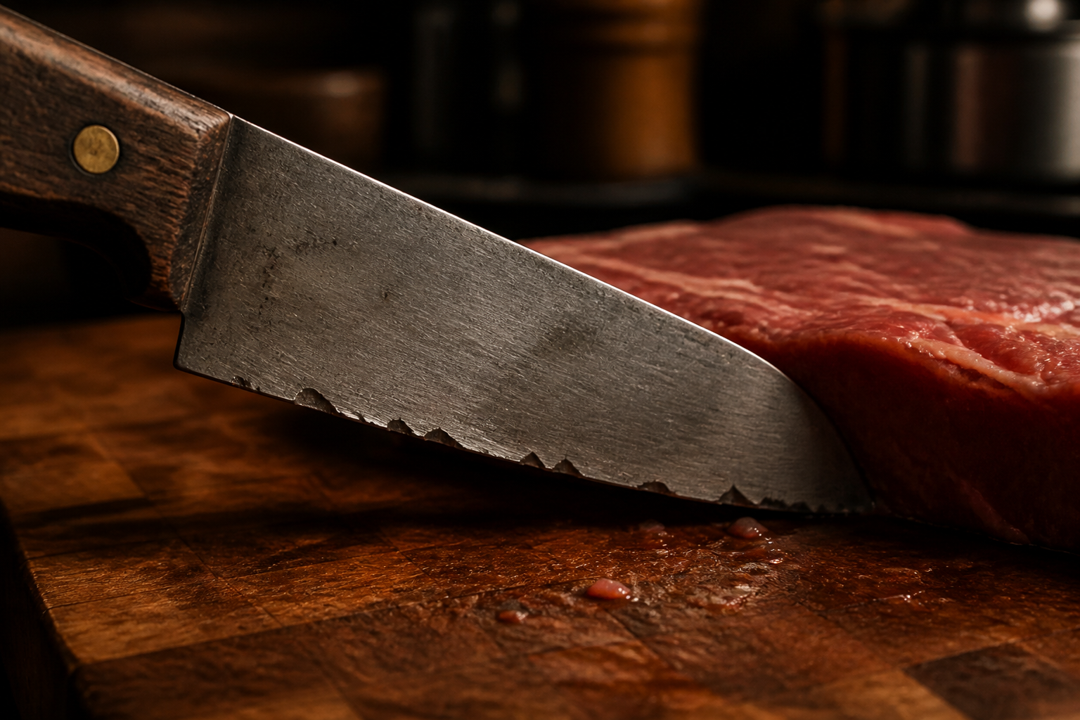 Dull worn kitchen knife with visible nicks and struggling to cut through meat